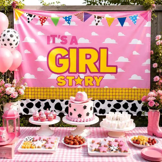 Alt view image 5 of 5 - 1Pcs Cartoon Story Backdrop It's A Girl Party Decorations 51" x 70" | Pink Cow Photography Background for Girls Baby Shower Gender Reveal Cowgirl Birthday Party Supplies