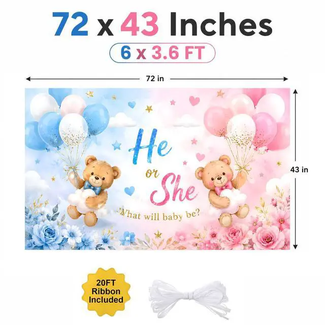 Alt view image 2 of 6 - Gender Reveal Backdrop, He or She Teddy Bear Banner, 72 x 43 Inches | Polyester fabric, 4 brass grommets, pink and blue teddy bear design for boy-or-girl parties, photo booths and cake tables
