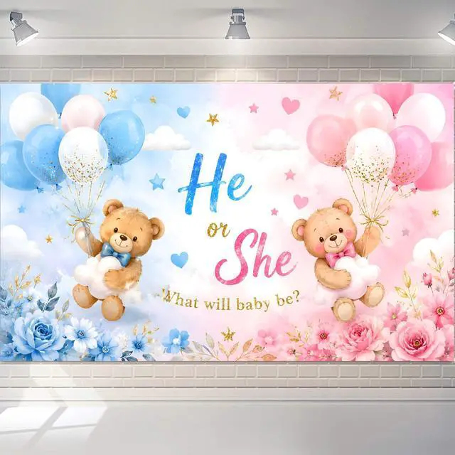 Main image of Gender Reveal Backdrop, He or She Teddy Bear Banner, 72 x 43 Inches | Polyester fabric, 4 brass grommets, pink and blue teddy bear design for boy-or-girl parties, photo booths and cake tables