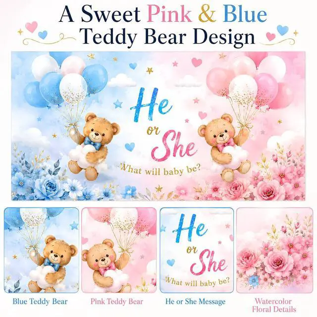 Alt view image 3 of 6 - Gender Reveal Backdrop, He or She Teddy Bear Banner, 72 x 43 Inches | Polyester fabric, 4 brass grommets, pink and blue teddy bear design for boy-or-girl parties, photo booths and cake tables