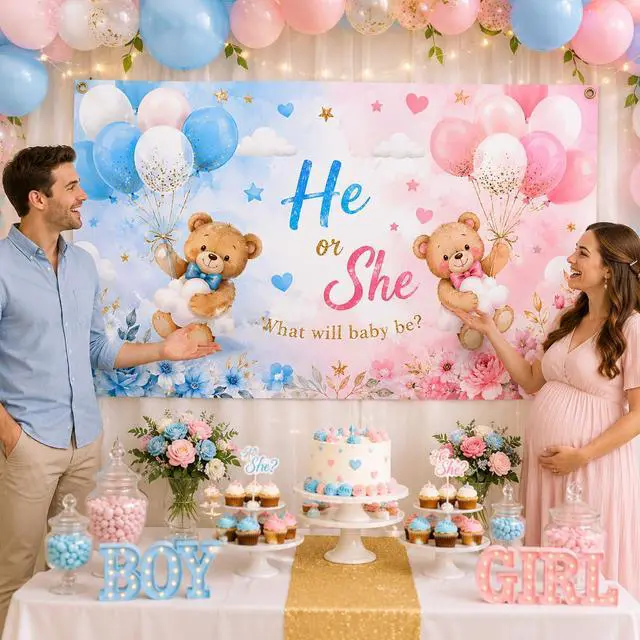 Alt view image 4 of 6 - Gender Reveal Backdrop, He or She Teddy Bear Banner, 72 x 43 Inches | Polyester fabric, 4 brass grommets, pink and blue teddy bear design for boy-or-girl parties, photo booths and cake tables