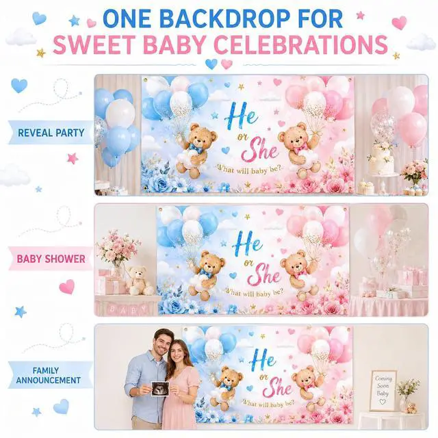Alt view image 5 of 6 - Gender Reveal Backdrop, He or She Teddy Bear Banner, 72 x 43 Inches | Polyester fabric, 4 brass grommets, pink and blue teddy bear design for boy-or-girl parties, photo booths and cake tables