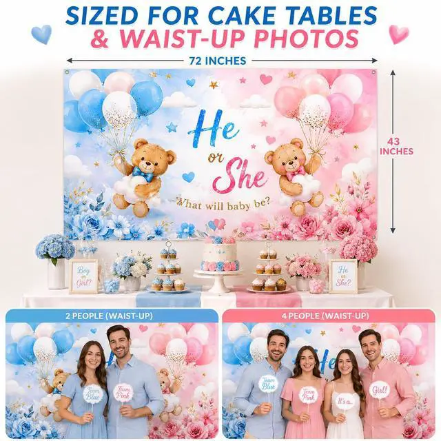 Alt view image 6 of 6 - Gender Reveal Backdrop, He or She Teddy Bear Banner, 72 x 43 Inches | Polyester fabric, 4 brass grommets, pink and blue teddy bear design for boy-or-girl parties, photo booths and cake tables