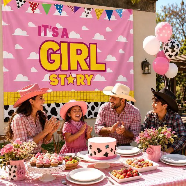 Alt view image 4 of 5 - 1Pcs Cartoon Story Backdrop It's A Girl Party Decorations 51" x 70" | Pink Cow Photography Background for Girls Baby Shower Gender Reveal Cowgirl Birthday Party Supplies