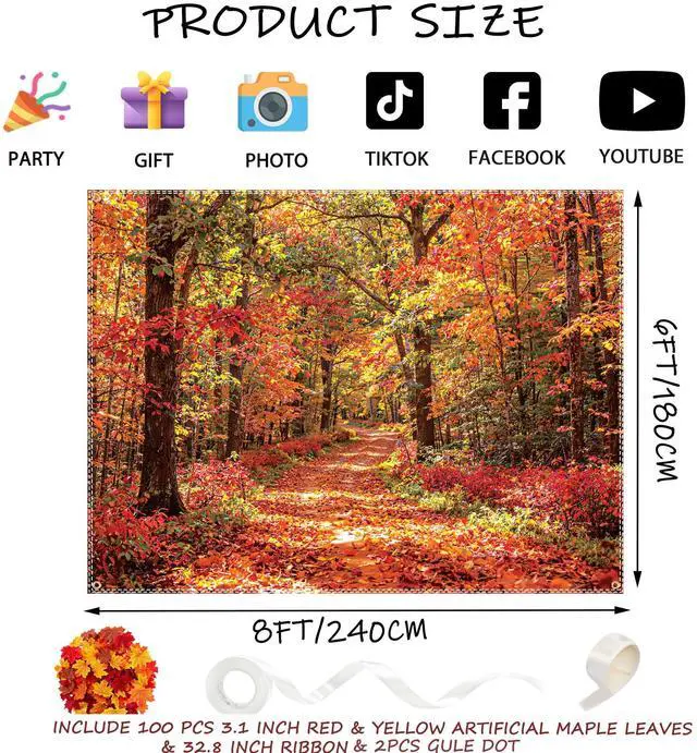 Alt view image 2 of 6 - Fall Backdrops for Photography 8×6ft Autumn Leaves Scene Photo Backdrop | with 100pcs 3.1inch dualcolor artificial maple leaves, Photoshoot Prop Background,Thanksgiving Party Decorations Banner