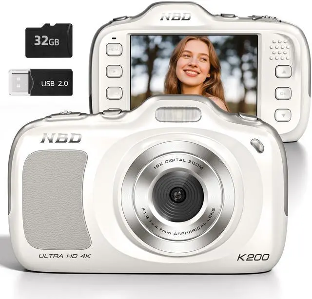 Main image of True 4K Digital Camera with Beauty Mode, 64MP Vlogging Camera for Beginners,16X Zoom, Anti-Shake & Autofocus, 32GB Card, 120g Ultra Compact Portable Cameras for Photography (White)
