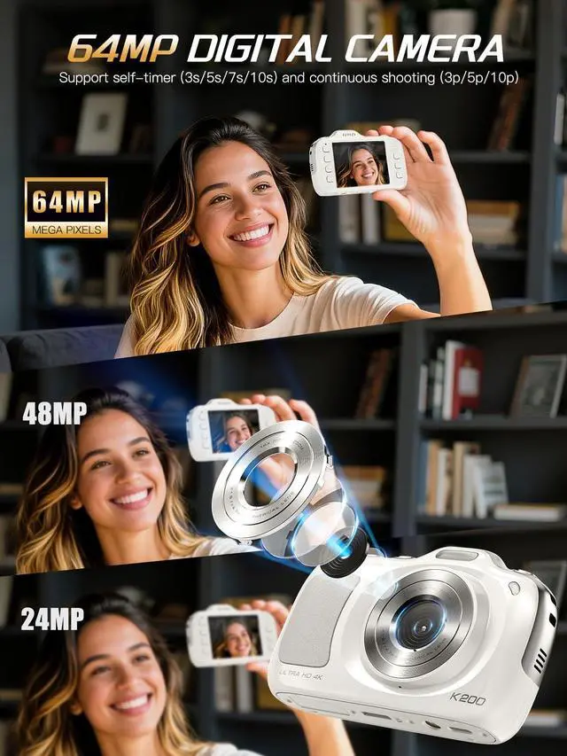 Alt view image 2 of 7 - True 4K Digital Camera with Beauty Mode, 64MP Vlogging Camera for Beginners,16X Zoom, Anti-Shake & Autofocus, 32GB Card, 120g Ultra Compact Portable Cameras for Photography (White)