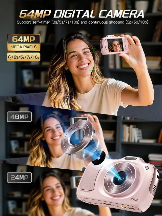 Alt view image 2 of 7 - True 4K Digital Camera with Beauty Mode, 64MP Vlogging Camera for Beginners,16X Zoom, Anti-Shake & Autofocus, 32GB Card, 120g Ultra Compact Portable Cameras for Photography (Pink)