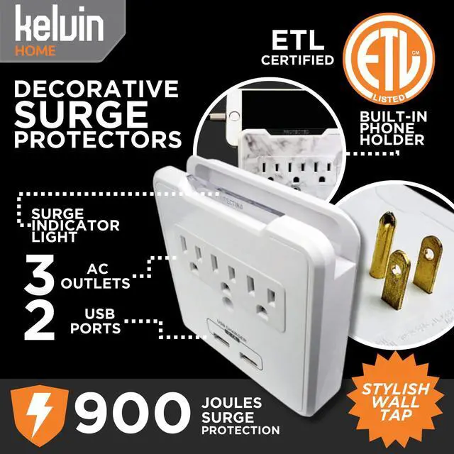 Alt view image 2 of 6 - Home - Decorative Surge Protector Plug-in Surge Protector with 3 Outlets & 2 USB Ports, Multi Wall Mount Socket Outlet, Power Expander for Home, Office, & Travel Use (Greece)