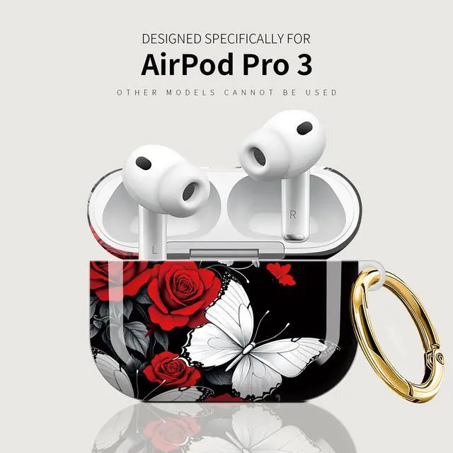 Alt view image 5 of 7 - Case Compatible with AirPod Pro 3 2025, Cute Protective Cover with Keychain for AirPod Pro 3rd Generation, Full Protection Case for Women Girls(Red Roses White Butterfly)