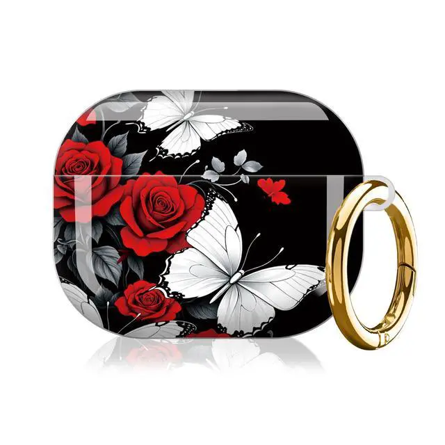 Alt view image 7 of 7 - Case Compatible with AirPod Pro 3 2025, Cute Protective Cover with Keychain for AirPod Pro 3rd Generation, Full Protection Case for Women Girls(Red Roses White Butterfly)