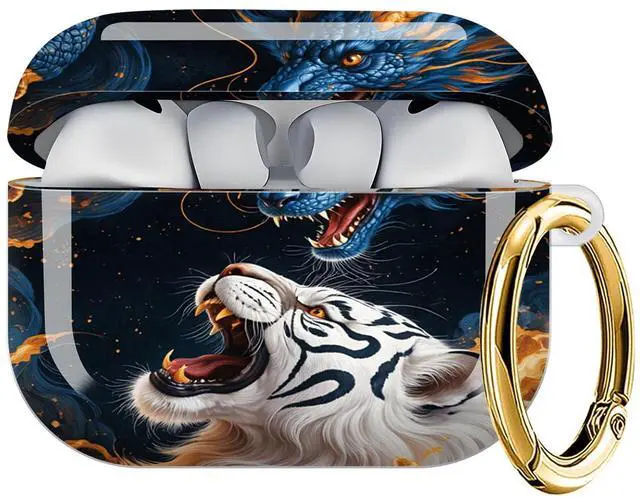 Main image of Case Compatible with AirPod Pro 3 2025, Cute Protective Cover with Keychain for AirPod Pro 3rd Generation, Full Protection Case for Women Girls(Blue Dragon White Tiger Orange Flames)