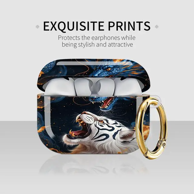 Alt view image 3 of 7 - Case Compatible with AirPod Pro 3 2025, Cute Protective Cover with Keychain for AirPod Pro 3rd Generation, Full Protection Case for Women Girls(Blue Dragon White Tiger Orange Flames)