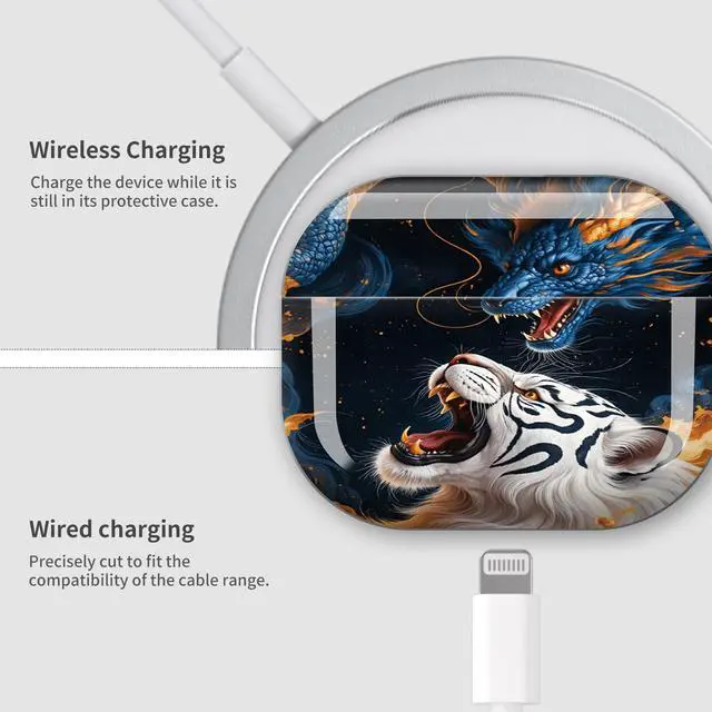 Alt view image 4 of 7 - Case Compatible with AirPod Pro 3 2025, Cute Protective Cover with Keychain for AirPod Pro 3rd Generation, Full Protection Case for Women Girls(Blue Dragon White Tiger Orange Flames)