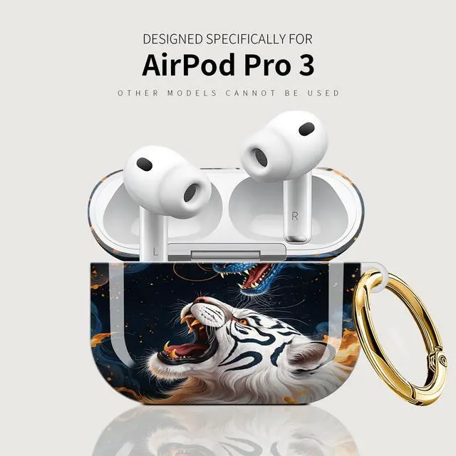 Alt view image 5 of 7 - Case Compatible with AirPod Pro 3 2025, Cute Protective Cover with Keychain for AirPod Pro 3rd Generation, Full Protection Case for Women Girls(Blue Dragon White Tiger Orange Flames)