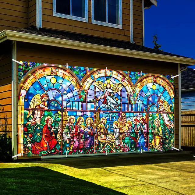 Main image of Christmas Lighted Nativity Garage Door Decorations Banner 7x16ft