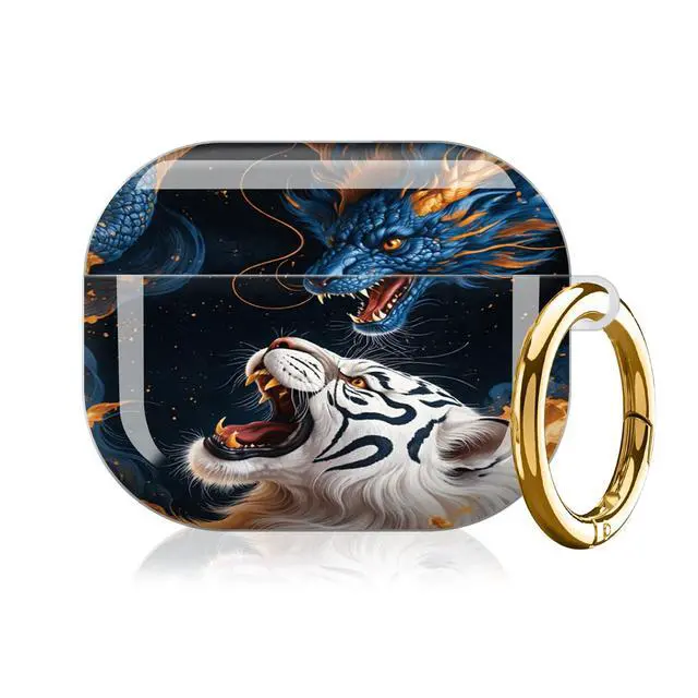 Alt view image 7 of 7 - Case Compatible with AirPod Pro 3 2025, Cute Protective Cover with Keychain for AirPod Pro 3rd Generation, Full Protection Case for Women Girls(Blue Dragon White Tiger Orange Flames)