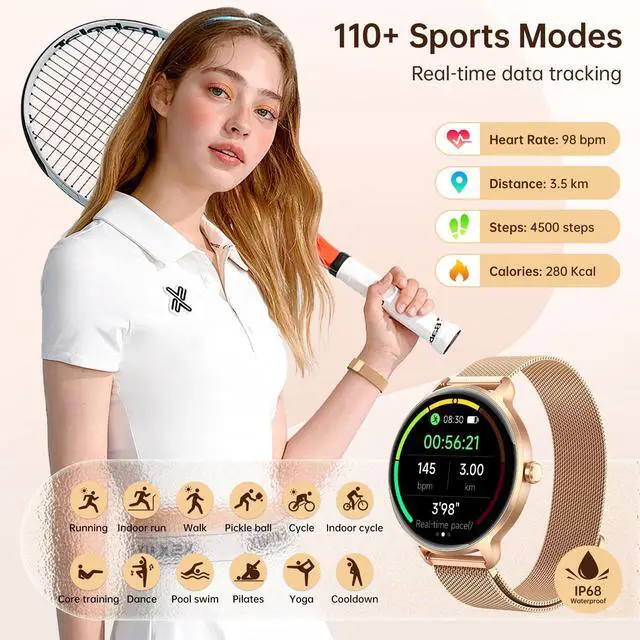 Alt view image 4 of 7 - Smart Watch for Women, 1.27" AMOLED Screen Smartwatch with Answer/Make Call for iPhone/Android/Samsung, Fitness Tracker with 120+ Sport Modes, Heart Rate/Sleep/Health Monitor, IP68 Waterproof, Gold