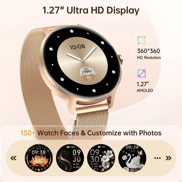 Alt view image 6 of 7 - Smart Watch for Women, 1.27" AMOLED Screen Smartwatch with Answer/Make Call for iPhone/Android/Samsung, Fitness Tracker with 120+ Sport Modes, Heart Rate/Sleep/Health Monitor, IP68 Waterproof, Gold