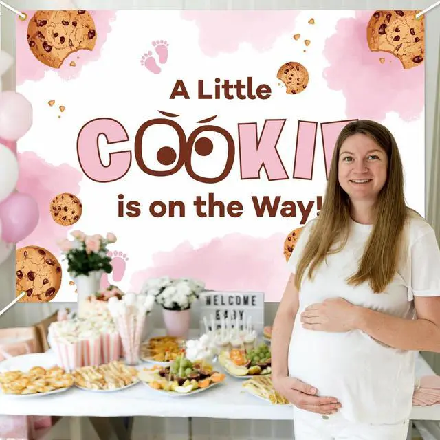 Alt view image 6 of 6 - A Little Cookie is on the Way Backdrop Background - Cookie Baby Shower Decorations, Cookie Baby Shower Backdrop, Welcome Baby Girl Party Photo Booth (Pink), 7 * 5 Ft