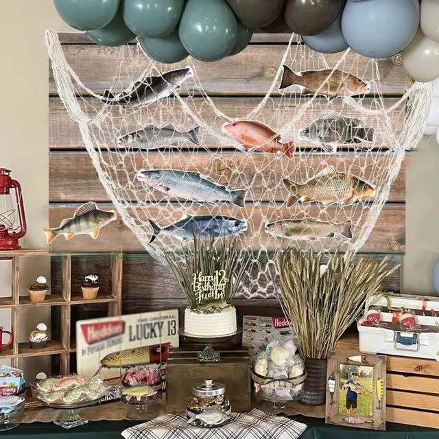 Alt view image 2 of 5 - Gone Fish Net Fish Banner Party Supply Kit Photo Backdrop | 1st Birthday, Baby Shower, Under the Sea, Nautical Mermaid Pirate Hawaiian Luau Yacht Beach Themed, Monthly Baptism