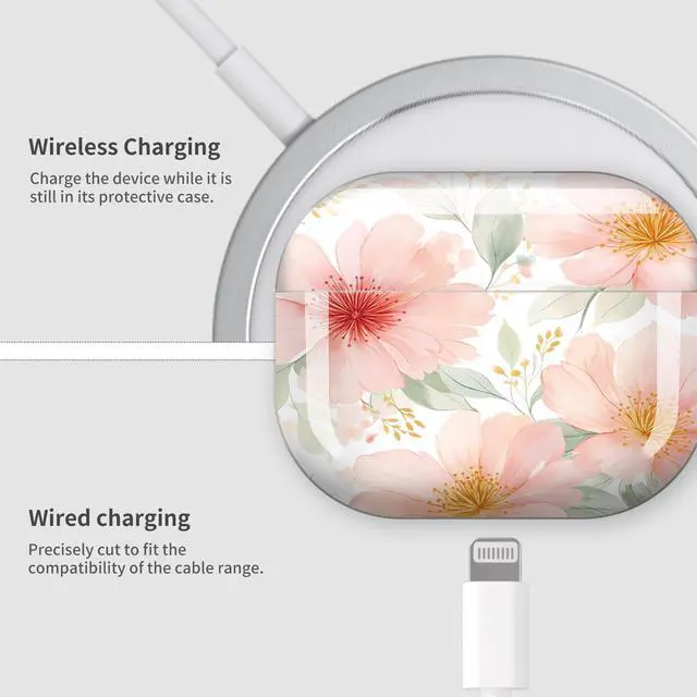 Alt view image 4 of 7 - Case Compatible with AirPod Pro 3 2025, Cute Protective Cover with Keychain for AirPod Pro 3rd Generation, Full Protection Case for Women Girls(Floral Pink Blossoms Green)