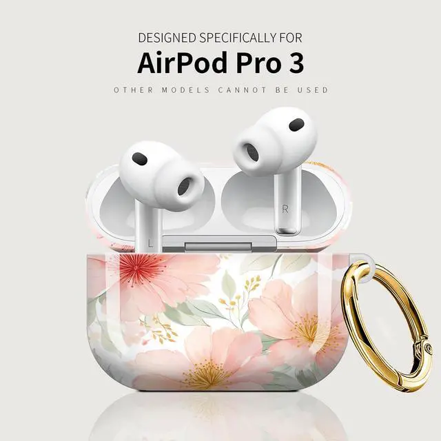 Alt view image 5 of 7 - Case Compatible with AirPod Pro 3 2025, Cute Protective Cover with Keychain for AirPod Pro 3rd Generation, Full Protection Case for Women Girls(Floral Pink Blossoms Green)