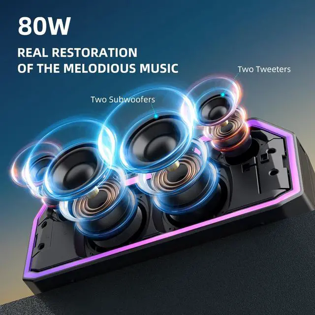 Alt view image 2 of 6 - Bluetooth Speakers, 80W Speakers Bluetooth Wireless with Dual Paring, Bluetooth Speaker with 14,400MAh Big Battery,50H Playtime,Stereo,Party, Beach Portable Speaker (Dark Black) (Dark Black)