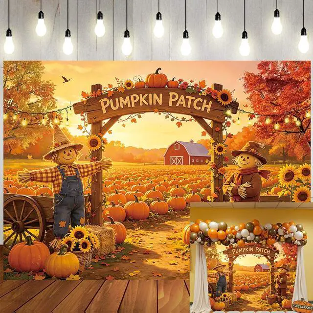 Main image of Fall Pumpkin Patch Backdrop Autumn Farm Harvest Photography Background Thanksgiving Party Harvest Festival Kids Photoshoot Photo Booth Props 8x6FT