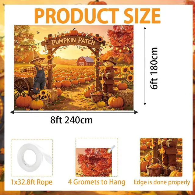 Alt view image 3 of 7 - Fall Pumpkin Patch Backdrop Autumn Farm Harvest Photography Background Thanksgiving Party Harvest Festival Kids Photoshoot Photo Booth Props 8x6FT