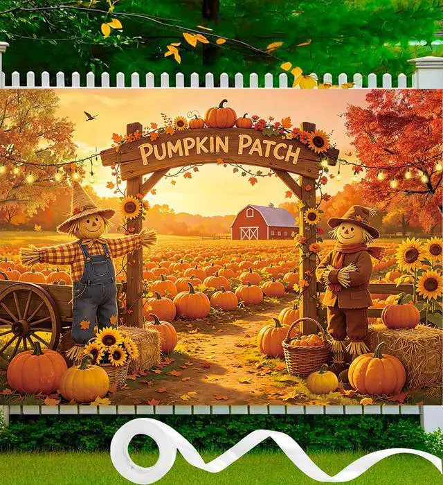 Alt view image 2 of 7 - Fall Pumpkin Patch Backdrop Autumn Farm Harvest Photography Background Thanksgiving Party Harvest Festival Kids Photoshoot Photo Booth Props 8x6FT