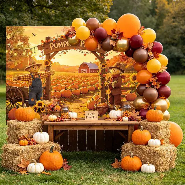 Alt view image 5 of 7 - Fall Pumpkin Patch Backdrop Autumn Farm Harvest Photography Background Thanksgiving Party Harvest Festival Kids Photoshoot Photo Booth Props 8x6FT
