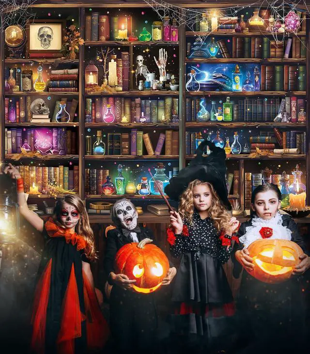 Alt view image 5 of 7 - Halloween Laboratory Backdrop Magical Bookshelf Skull Poison Apothecary Mad Scientist Laboratory Photography Background Kids Halloween Birthday Party Banner Decorations Supplies Photo Props 8x6FT