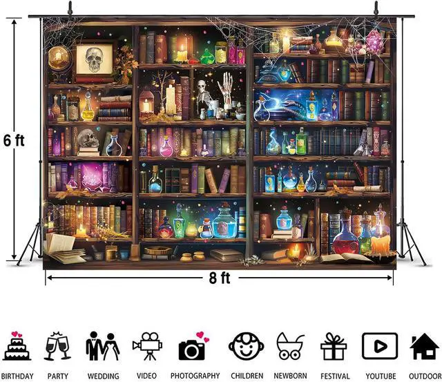 Alt view image 7 of 7 - Halloween Laboratory Backdrop Magical Bookshelf Skull Poison Apothecary Mad Scientist Laboratory Photography Background Kids Halloween Birthday Party Banner Decorations Supplies Photo Props 8x6FT