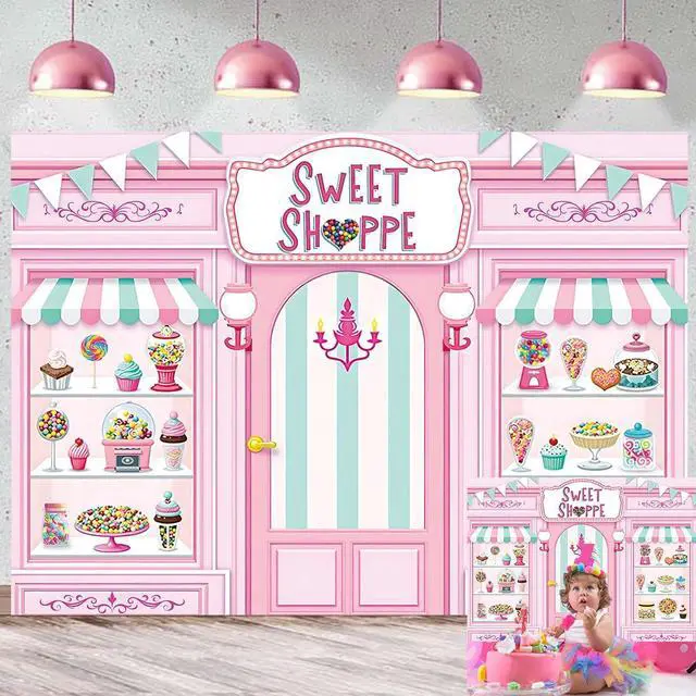 Main image of Sweet Shoppe Backdrop 7x5FT Pink Donut Ice Cream Candy Sweet Shoppe Photography Background Girls Birthday Party Cake Table Decorations