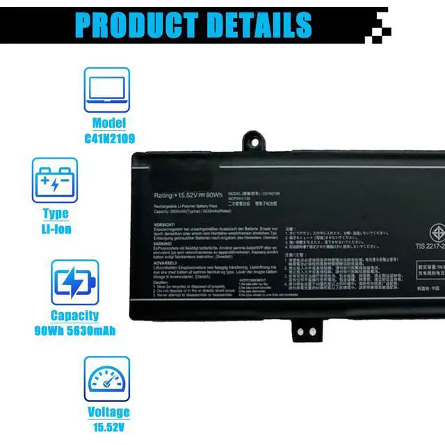 Alt view image 2 of 7 - C41N2109 Battery Replacement for ASUS Rog Flow X16 GV601RE GV601RW GV601RM GV601VI Strix G16 G614J G614JV G614JI G614JU G614JZ Strix G18 G814JU G834JYR Series 0B200-04200000 90Wh 5630mAh 15.52V
