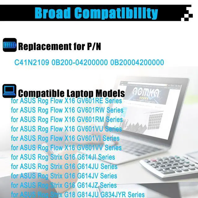 Alt view image 3 of 7 - C41N2109 Battery Replacement for ASUS Rog Flow X16 GV601RE GV601RW GV601RM GV601VI Strix G16 G614J G614JV G614JI G614JU G614JZ Strix G18 G814JU G834JYR Series 0B200-04200000 90Wh 5630mAh 15.52V