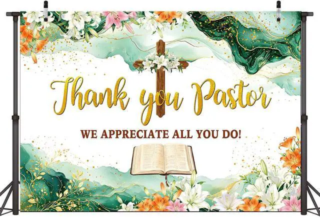 Alt view image 2 of 7 - Thank You Pastor Backdrop 8x6FT Pastor Appreciation Decorations Clergy Appreciation Day Banner Church Background with Cross Bible Flowers for Pastor Anniversary Celebration Photo Booth