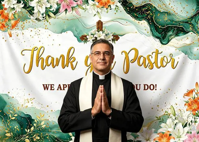 Alt view image 3 of 7 - Thank You Pastor Backdrop 8x6FT Pastor Appreciation Decorations Clergy Appreciation Day Banner Church Background with Cross Bible Flowers for Pastor Anniversary Celebration Photo Booth