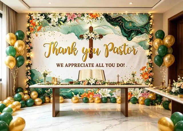 Alt view image 4 of 7 - Thank You Pastor Backdrop 8x6FT Pastor Appreciation Decorations Clergy Appreciation Day Banner Church Background with Cross Bible Flowers for Pastor Anniversary Celebration Photo Booth