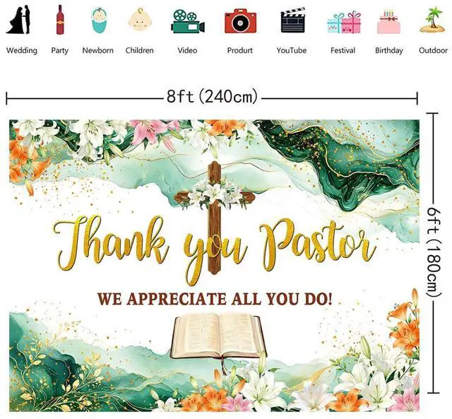 Alt view image 6 of 7 - Thank You Pastor Backdrop 8x6FT Pastor Appreciation Decorations Clergy Appreciation Day Banner Church Background with Cross Bible Flowers for Pastor Anniversary Celebration Photo Booth