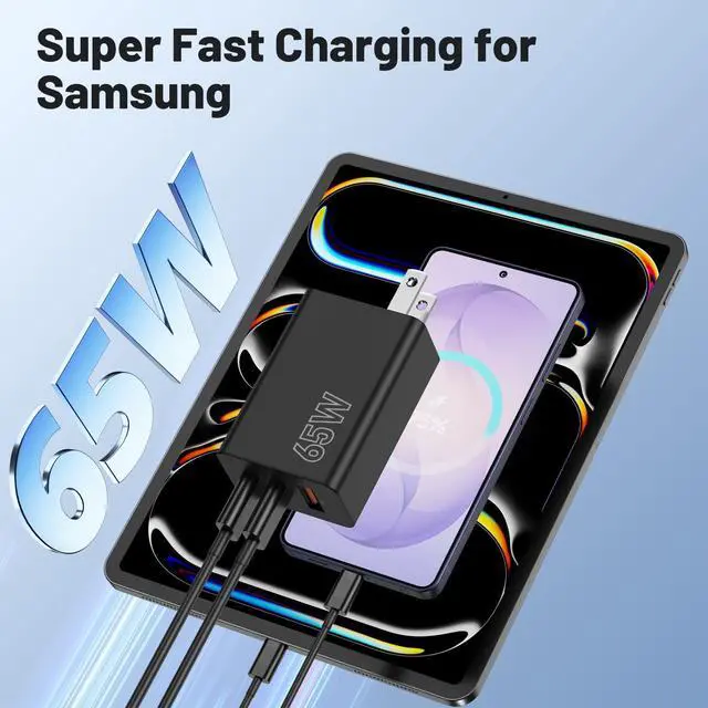 Alt view image 3 of 7 - 65W Super Fast Charger Type C for Samsung, 3-Port GaN USB C Charging Block PD/QC 3.0 & 6/10/10FT Cable for Samsung Galaxy S26 Ultra/S26+/S25 Ultra/S24/S23, iPhone 17/16/iPad/Mac Book/Android