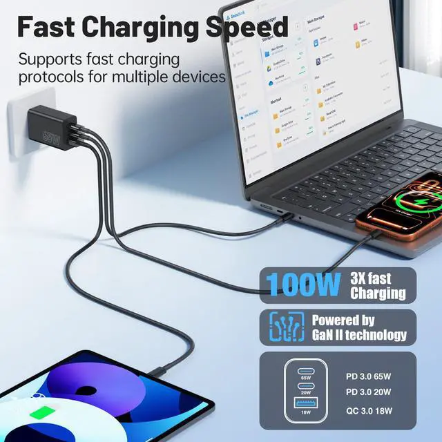Alt view image 5 of 7 - 65W Super Fast Charger Type C for Samsung, 3-Port GaN USB C Charging Block PD/QC 3.0 & 6/10/10FT Cable for Samsung Galaxy S26 Ultra/S26+/S25 Ultra/S24/S23, iPhone 17/16/iPad/Mac Book/Android