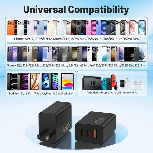 Alt view image 7 of 7 - 65W Super Fast Charger Type C for Samsung, 3-Port GaN USB C Charging Block PD/QC 3.0 & 6/10/10FT Cable for Samsung Galaxy S26 Ultra/S26+/S25 Ultra/S24/S23, iPhone 17/16/iPad/Mac Book/Android