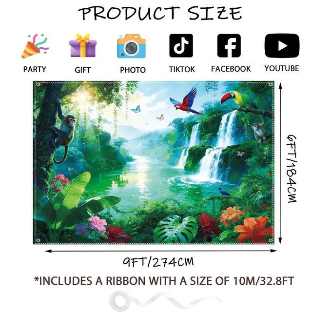 Alt view image 2 of 7 - 9×6ft Rainforest Animal Backdrop, Tropical Jungle Waterfall Party Decor | Premium Polyester Fabric,Foldable,Excellent Shooting Effect as a Rainforest Animal Backdrop,Great for Jungle Theme Photoshoot