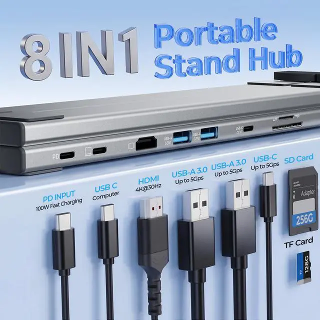 Alt view image 2 of 6 - USB C Laptop Docking Station Stand,Dock Tablet Stand, 8 in 1 USB C Hub with 4K HDMI, 2 USB 3.0, PD 100W, SD/TF Card Reader, Dock Station Computer Holder for MacBook Pro/Air, Dell, ASUS, HP, Lenovo