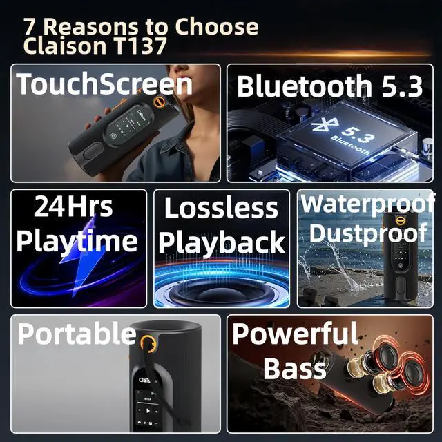 Alt view image 3 of 7 - Portable Bluetooth Speaker | 120dB Loud Volume, Touchscreen, Powerful Bass, TWS Pairing, IPX6 Waterproof