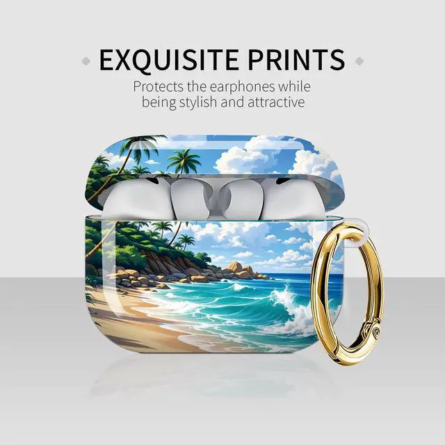 Alt view image 3 of 7 - Case Compatible with AirPod Pro 3 2025, Cute Protective Cover with Keychain for AirPod Pro 3rd Generation, Full Protection Case for Women Girls(Tropical Beach Palm Trees Ocean Waves)