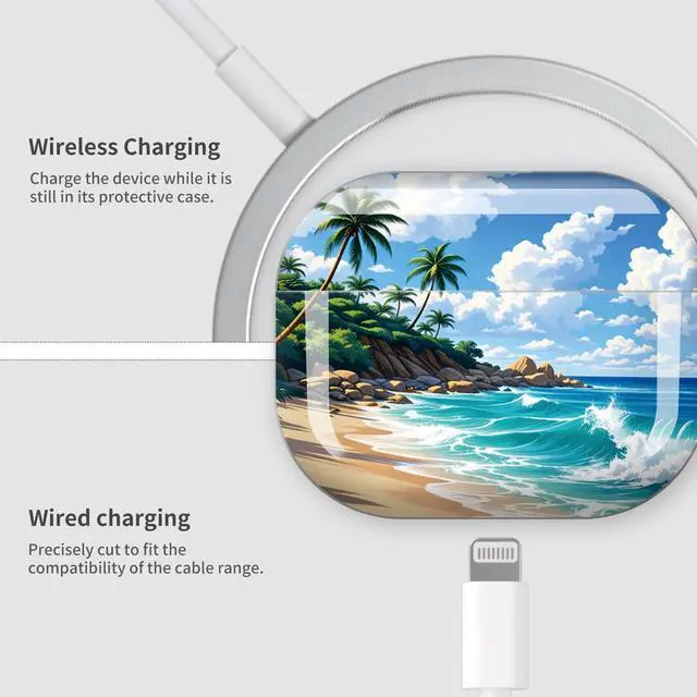 Alt view image 4 of 7 - Case Compatible with AirPod Pro 3 2025, Cute Protective Cover with Keychain for AirPod Pro 3rd Generation, Full Protection Case for Women Girls(Tropical Beach Palm Trees Ocean Waves)