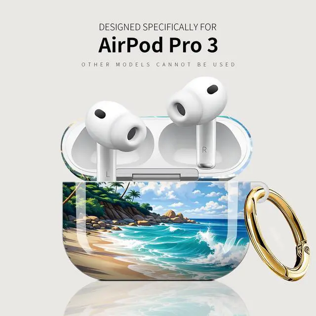 Alt view image 5 of 7 - Case Compatible with AirPod Pro 3 2025, Cute Protective Cover with Keychain for AirPod Pro 3rd Generation, Full Protection Case for Women Girls(Tropical Beach Palm Trees Ocean Waves)